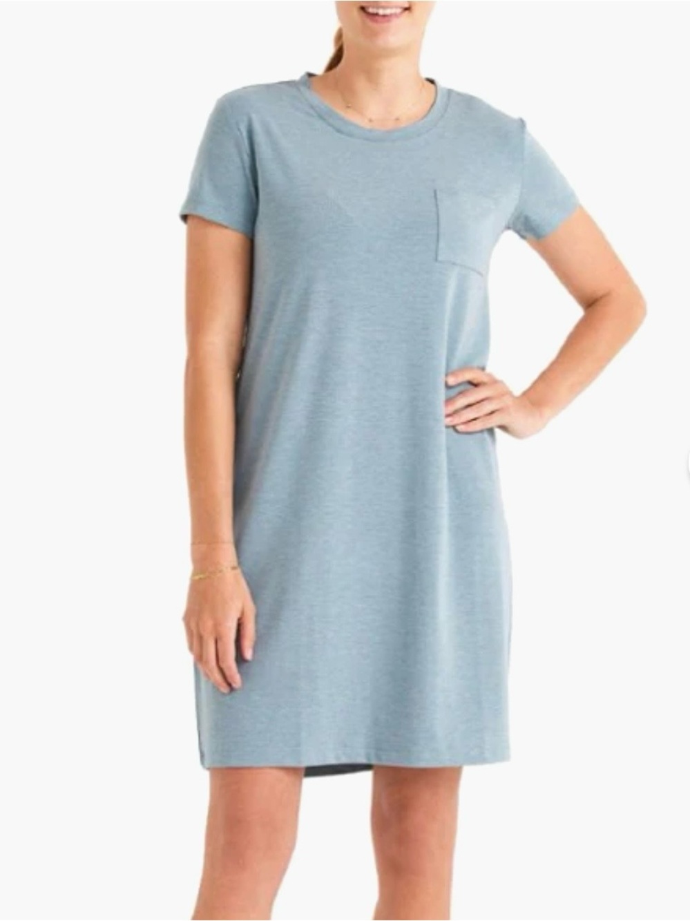 FREE FLY Flex Pocket Tshirt Dress in Heather Coastal Sage blue NWOT